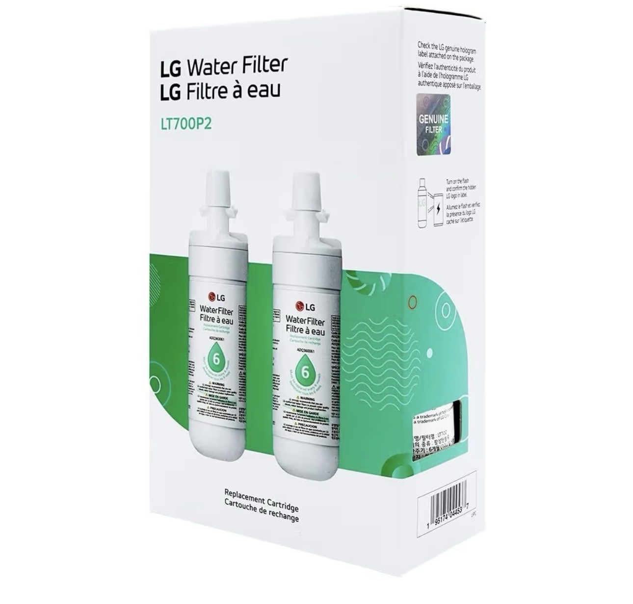 LG LT700P2 Refrigerator Water Filter 6-Month 200 Gal Replacement 2-Pack White