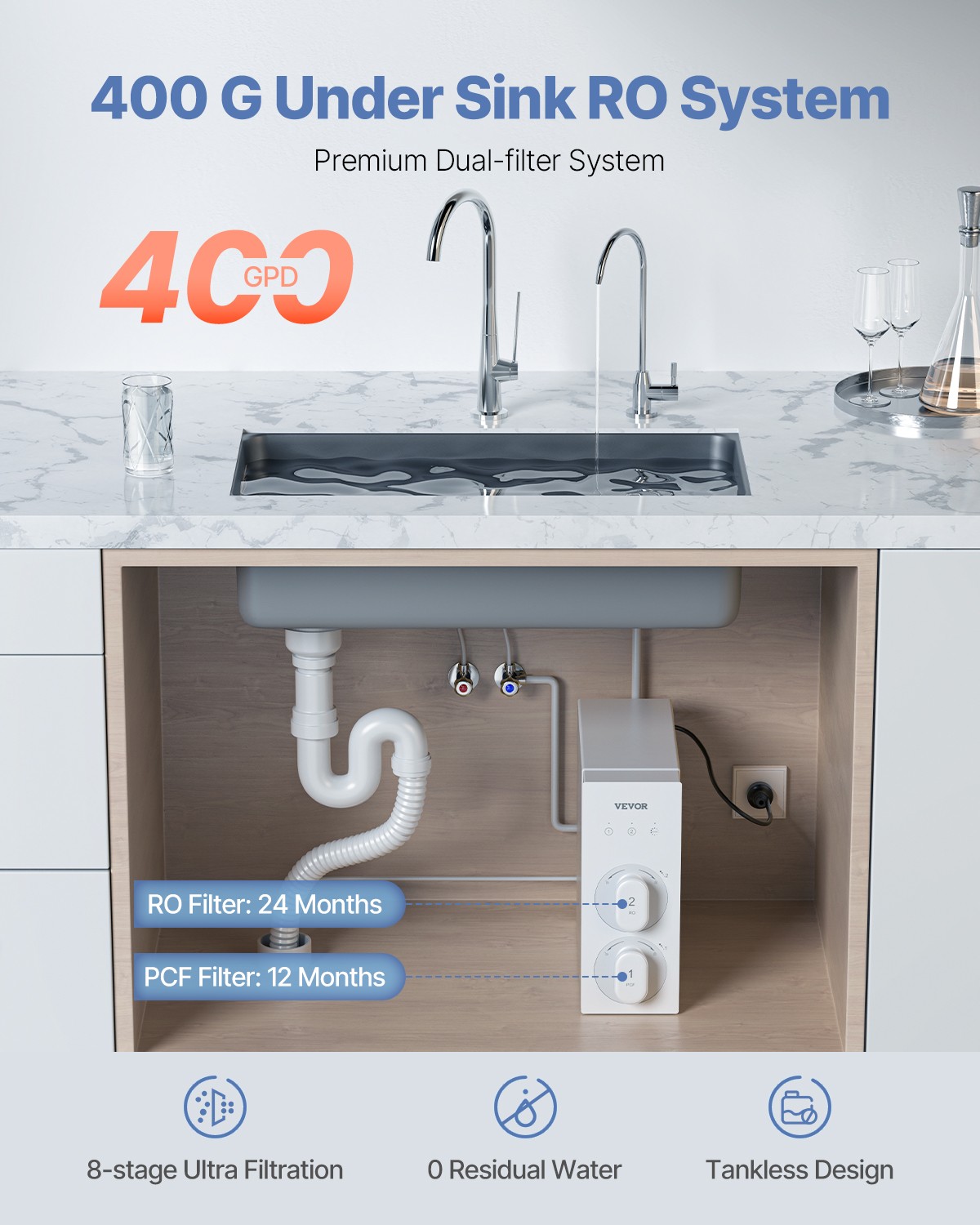 Reverse Osmosis System 400-800GPD 8stage Tankless Under Sink Water Filter System