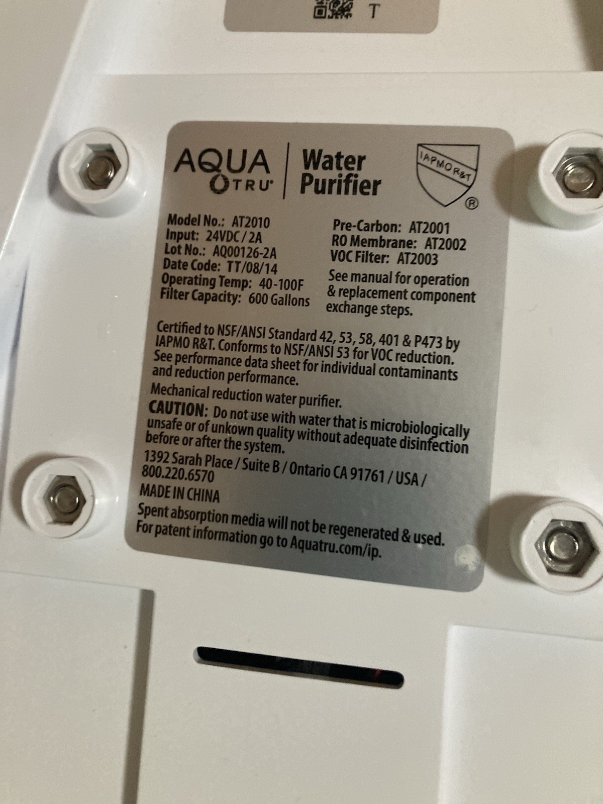 AquaTru Countertop Reverse Osmosis Water Purifier System AT2010 W/Extra Tank
