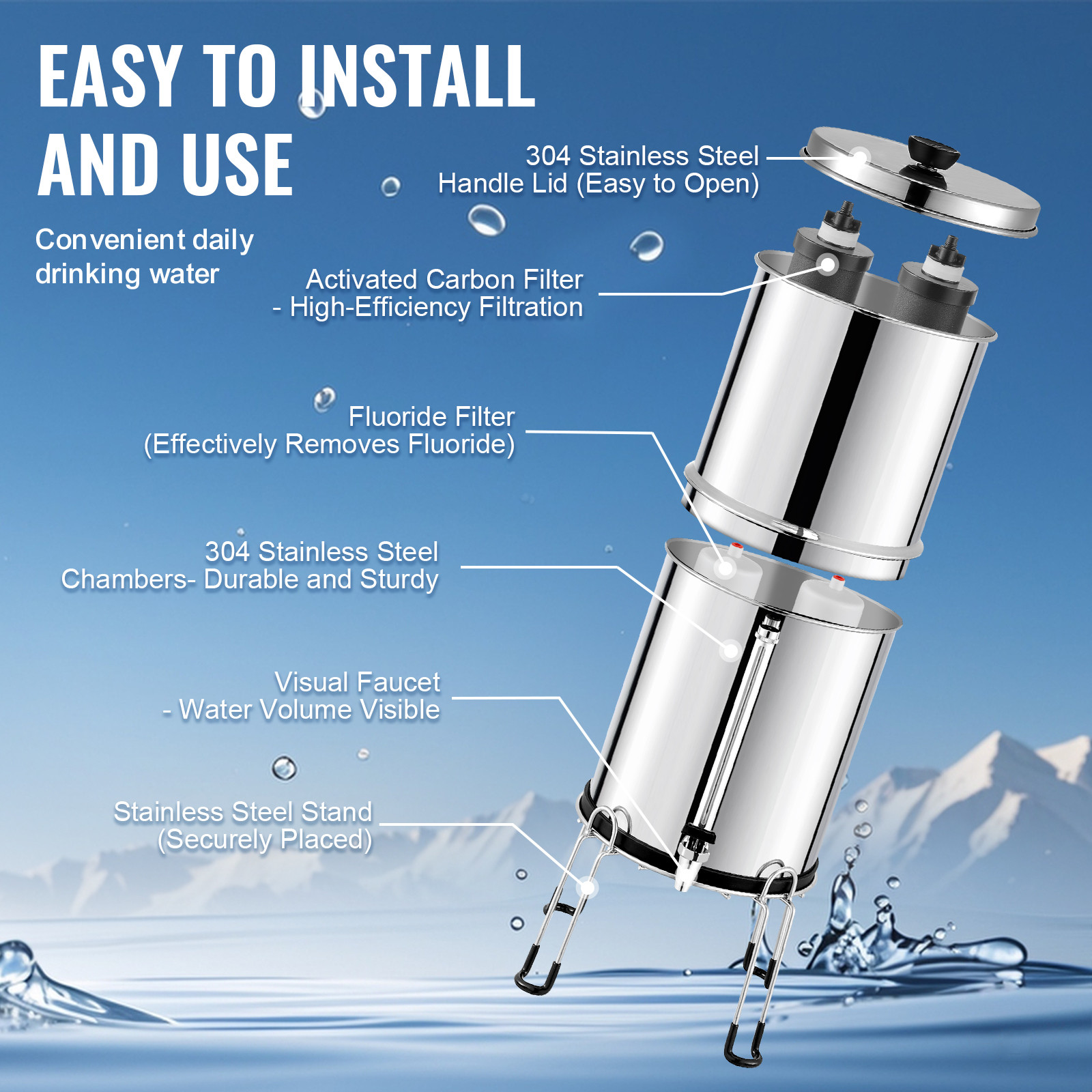 2.25G Gravity-fed Water Filter Countertop System Stainless Steel 4 Filters