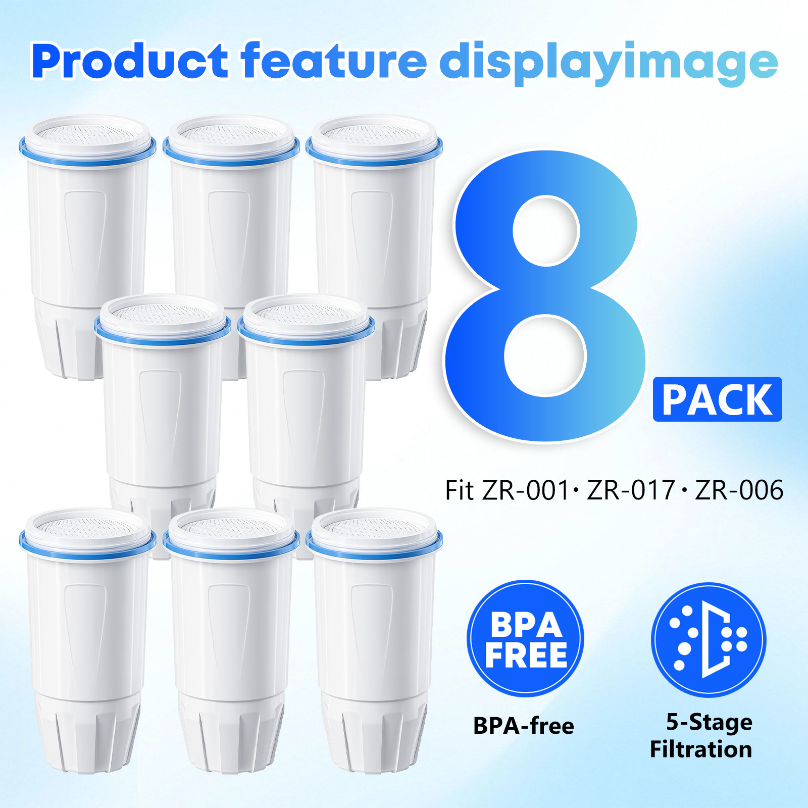 8x Water Filter Replacement for Zero Water ZR-017, ZR-001 Pitcher Water Filter