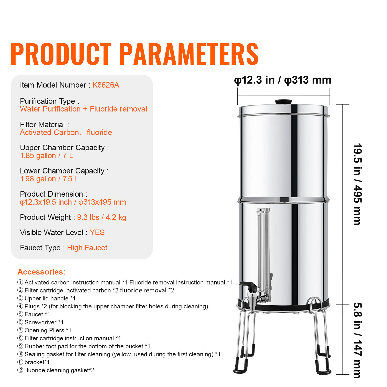 2.25G Gravity-fed Water Filter Countertop System Stainless Steel 4 Filters