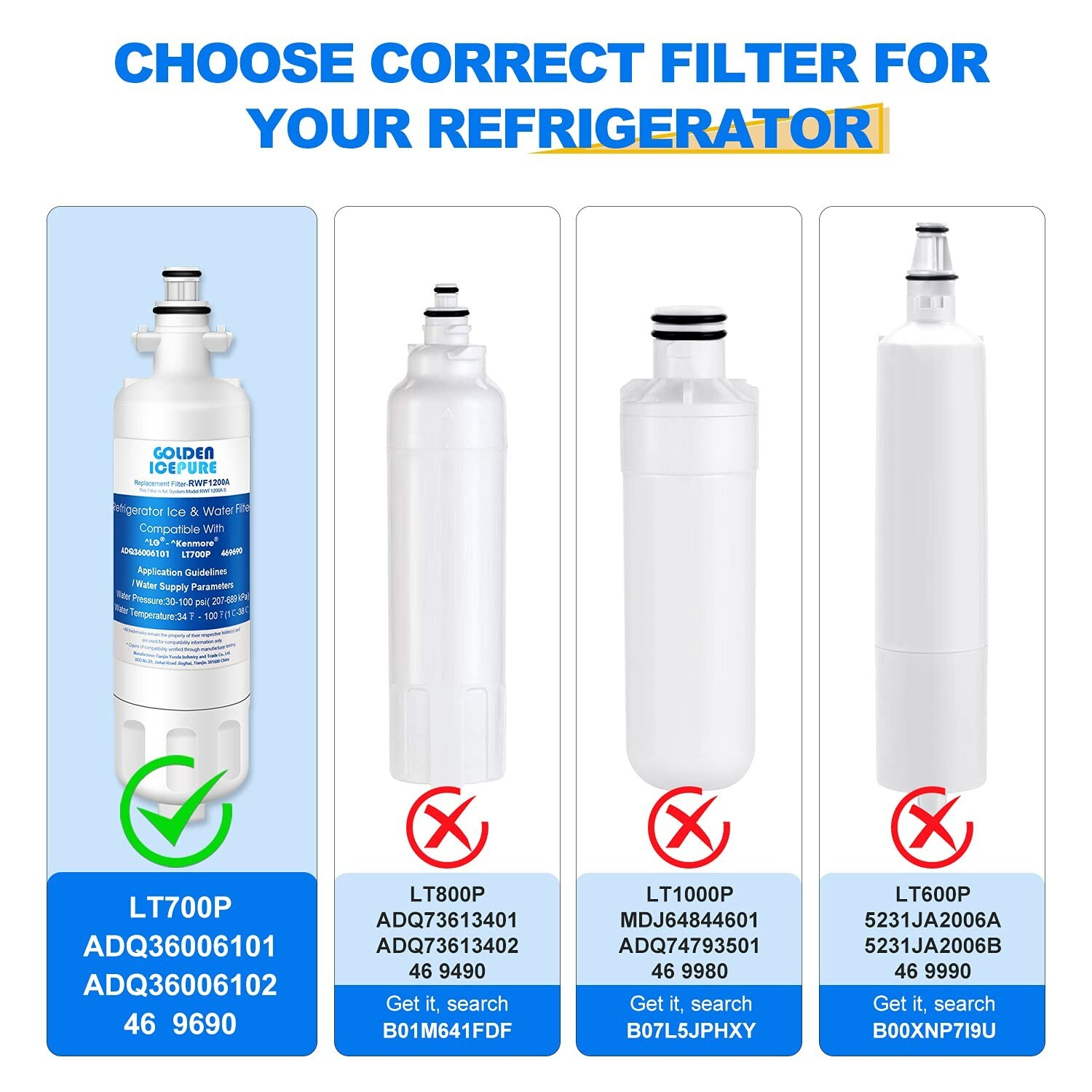 Fit For LG LT700P ADQ36006101 RWF1200A Water Filter Air Filter 3 Pack