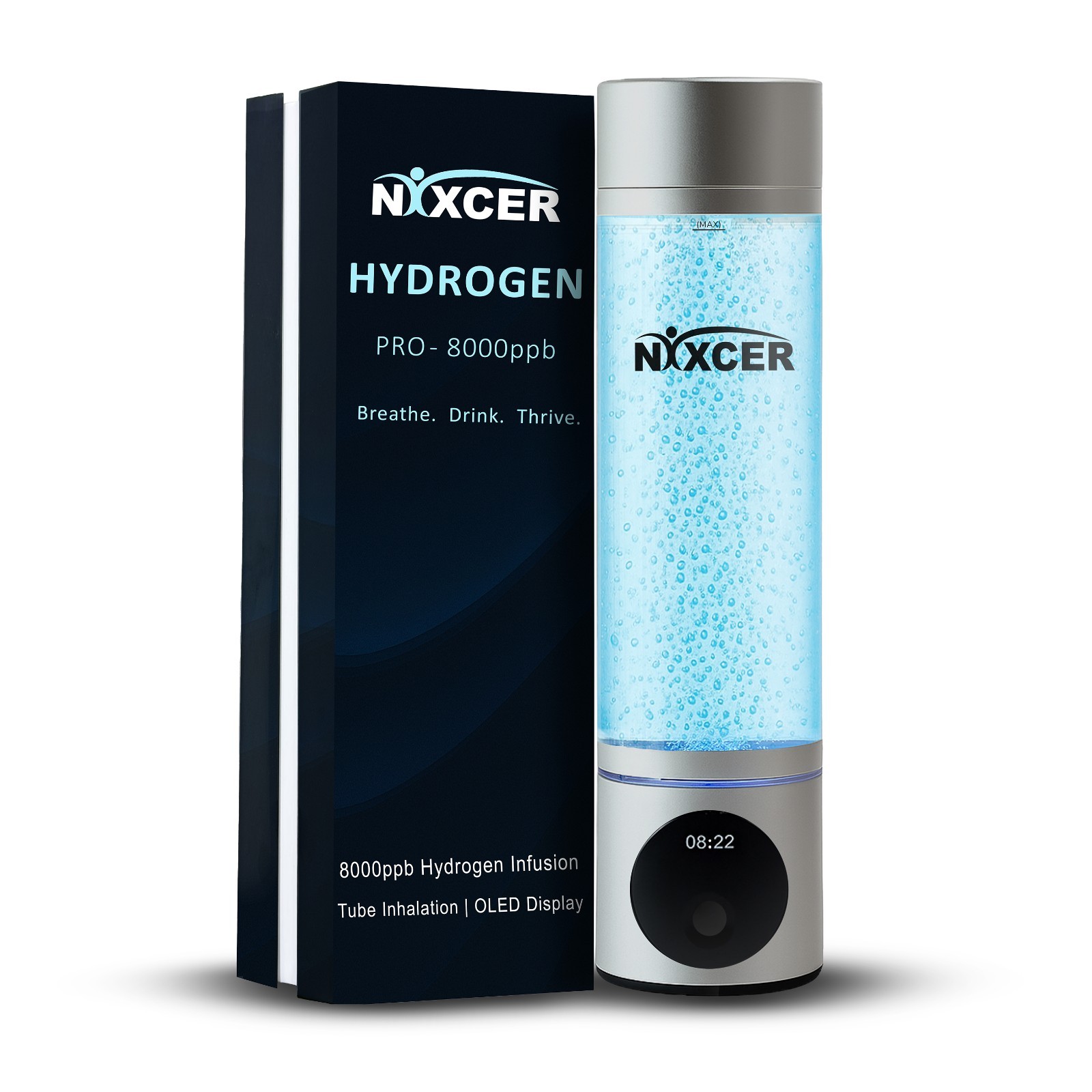 Nixcer Portable Hydrogen Water Pro Bottle 8000PPB H2, OLED, 5/10 Min Mode, USB-C