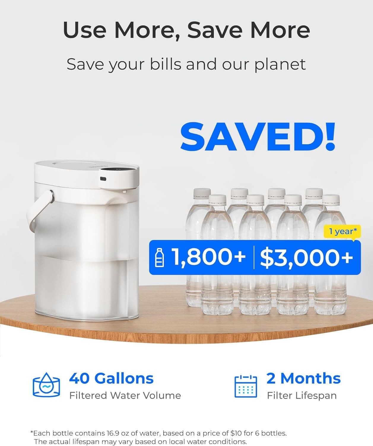Waterdrop TDS Reduction Rechargeable Water Filter Dispenser,with 1 Filter,White