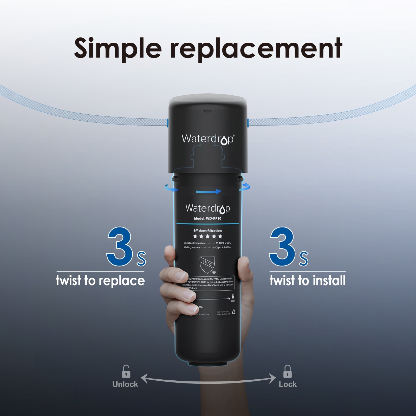 Waterdrop WD-RF10 Water Filter, 8000 Gal High Capacity, Replacement for 10UA/UB