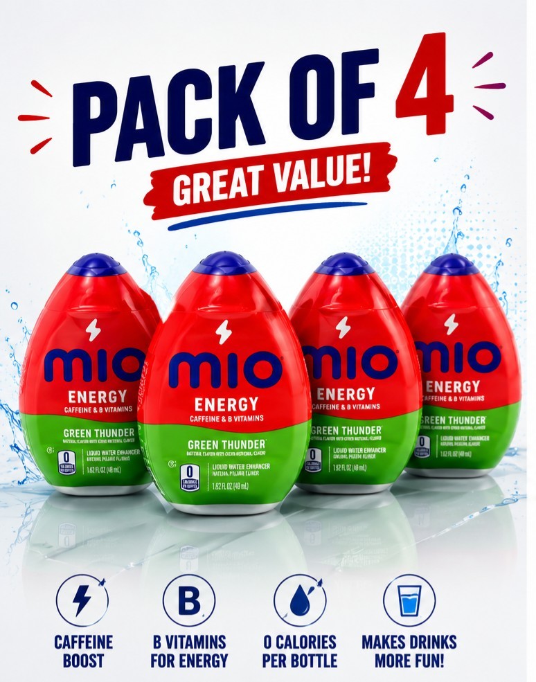 Mio Energy Green Thunder Liquid Water Caffeine & B Vitamins 1.62oz Pack 4