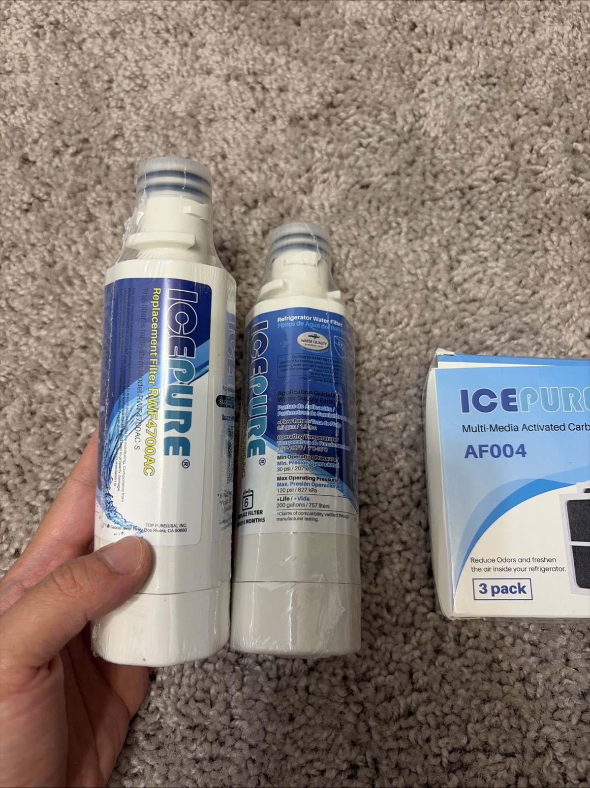 2x ICEPURE Refrigerator Water Filter RWF4700AC & 3 Pack AF004 Air Filter Kit