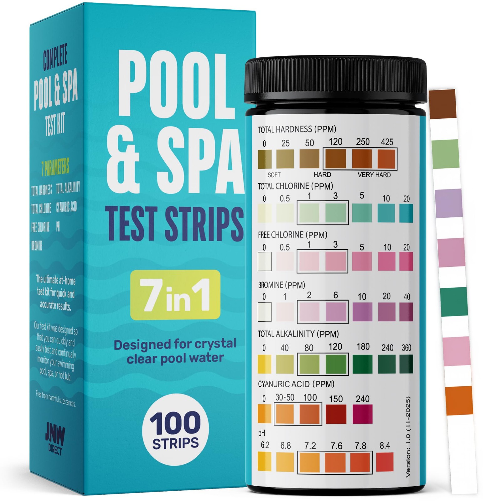 JNW 7-in-1 Pool Test Strips, 100 Quick & Accurate Strips for 100 strips
