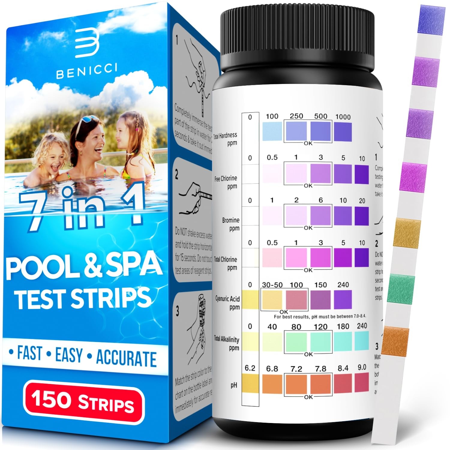 7-in-1 Accurate Pool Test Strips – 150 Hot Tub Spa – Quick Pool…