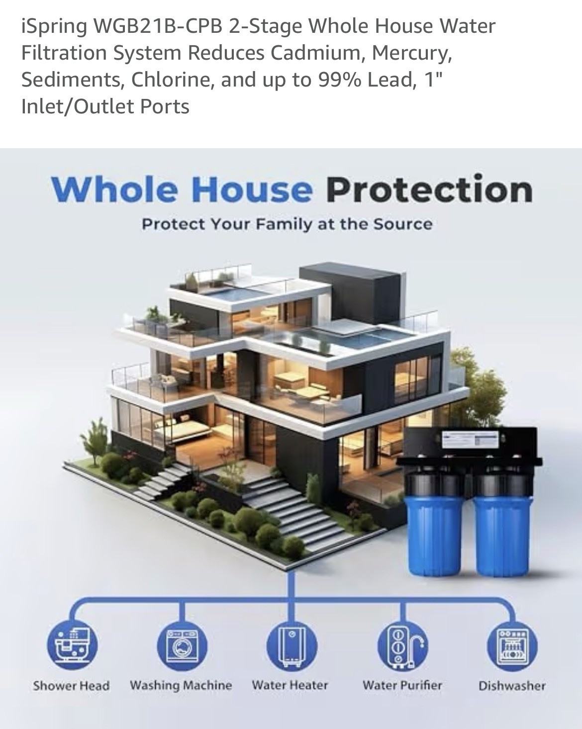 iSpring WGB21B-CPB 2-Stage Whole House Water Filtration System 1″ Inlet/Outlet