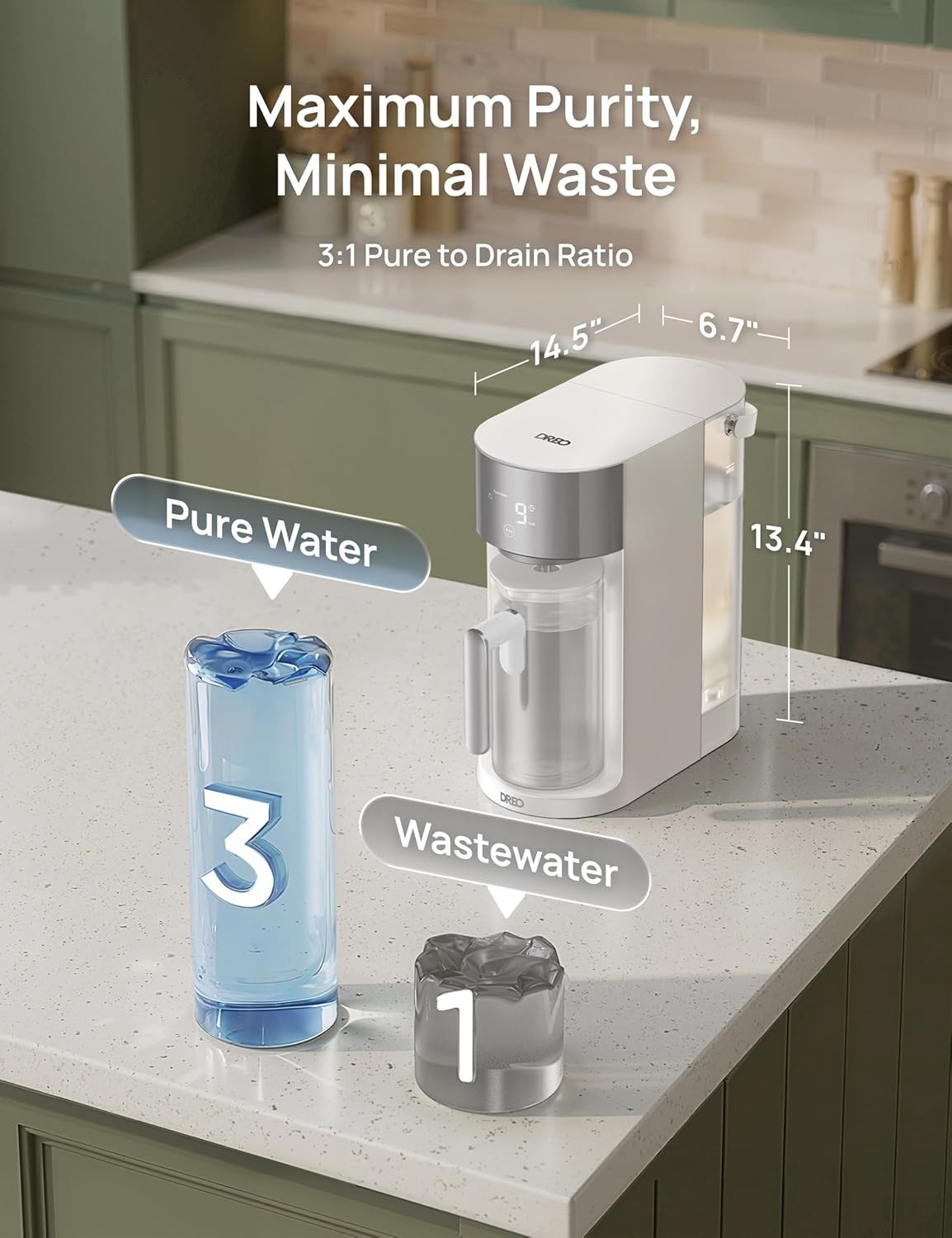 Reverse Osmosis Water Filter Countertop, RO Filtration System, 3:1 Pure to Drain