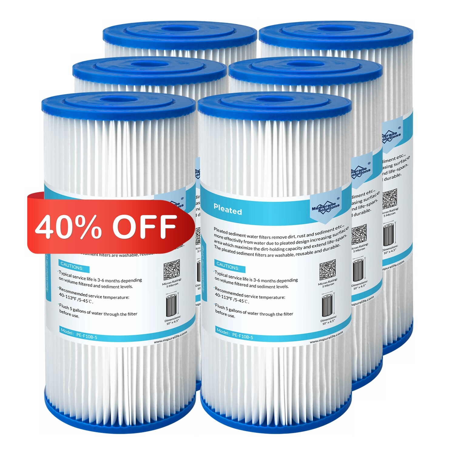 6 Pack 10″x4.5″ Whole House Pleated Sediment Water Filter Cartridge for Big Blue