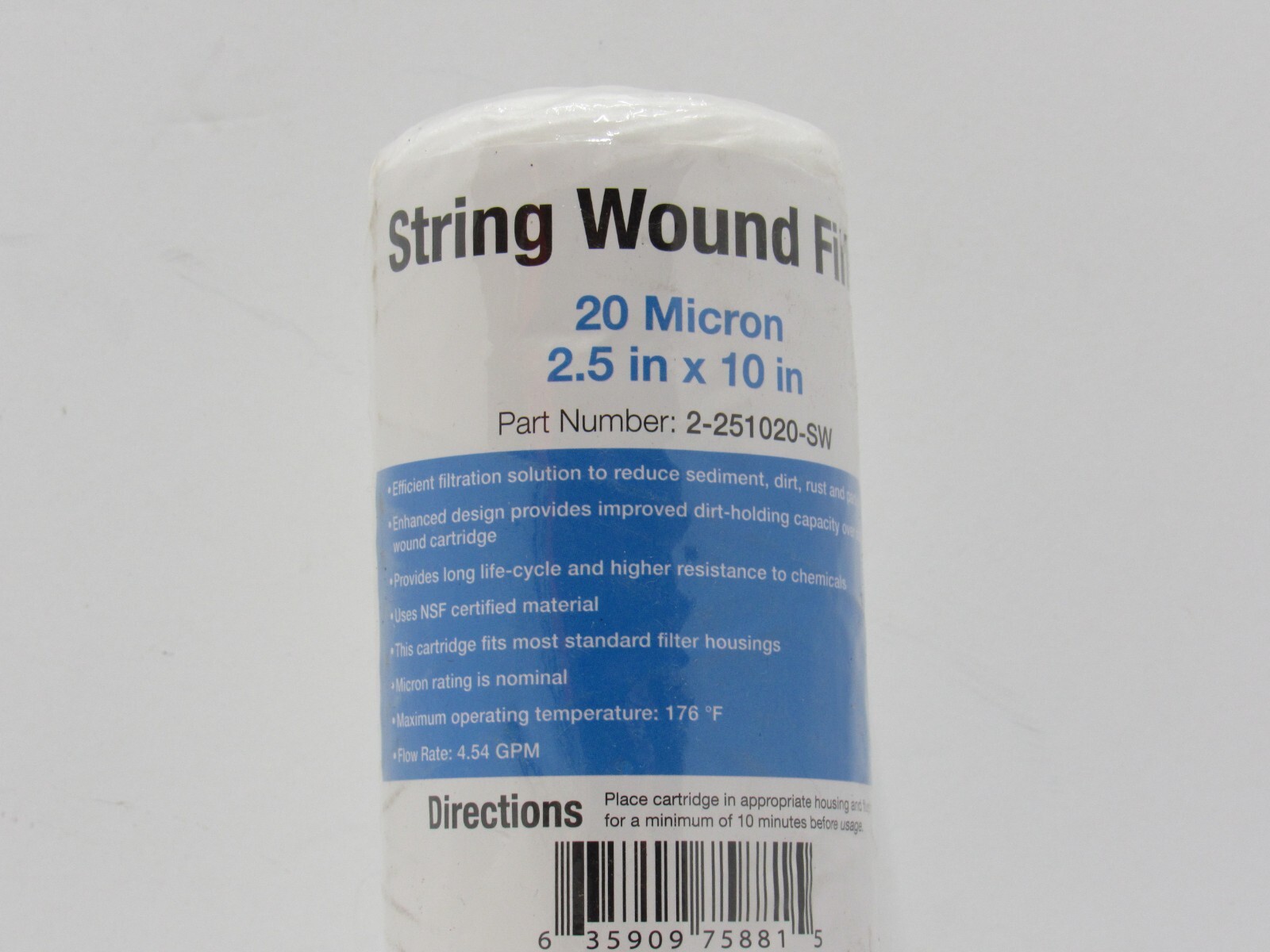 Sediment String Wound Filter Cartridge Standard 20 Micron 2.5″ x 10″ 2-251020-SW