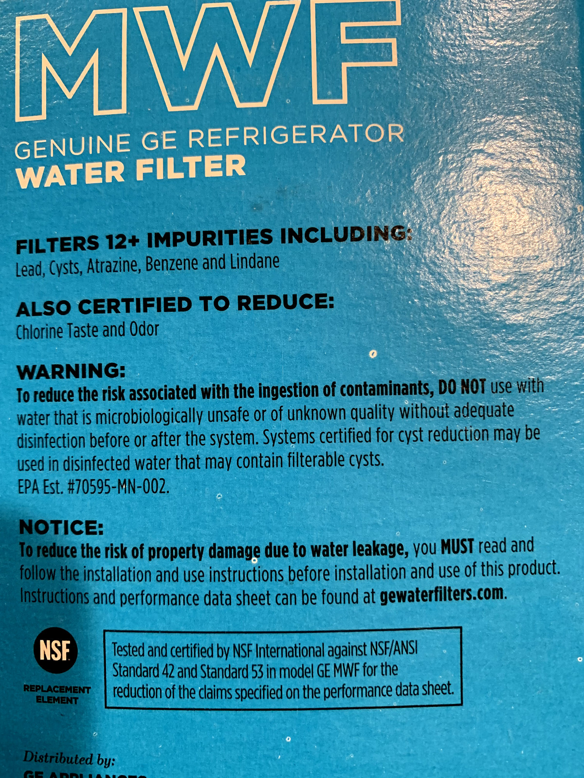 GE MWF 34-8720-34 Genuine Sealed Fridge Water Filter Side X Side French Doors