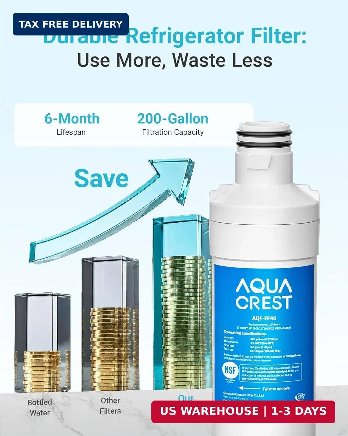 AQUA CREST LT1000PC ADQ747935 Replacement for LG® LT1000P®/PC/PCS ThinQ® Refrige