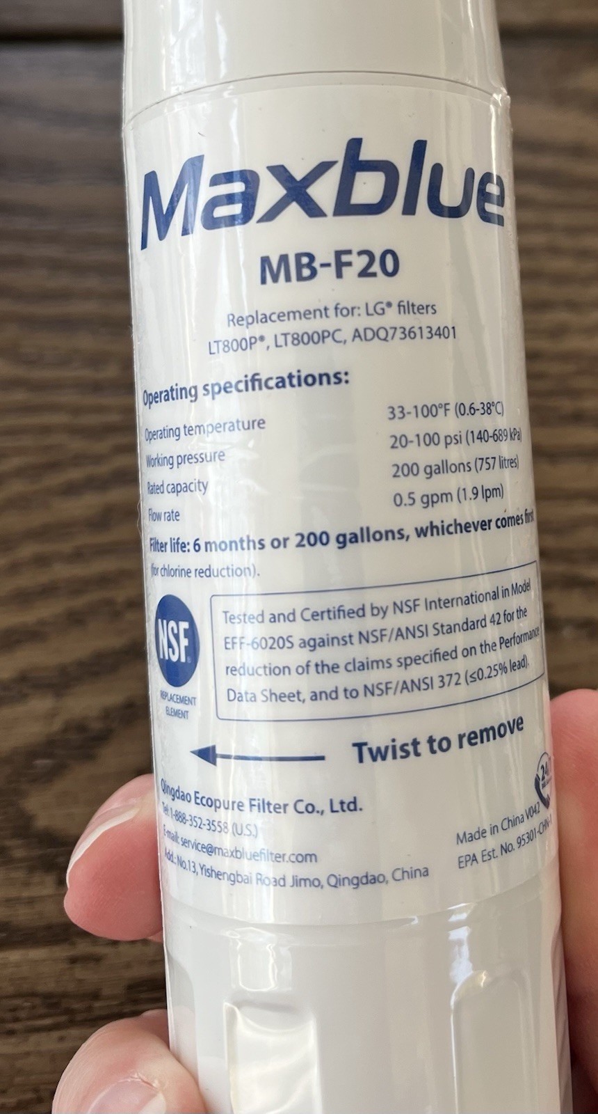 Max Blue MB-F20 Water Filter (2 Pack) NEW