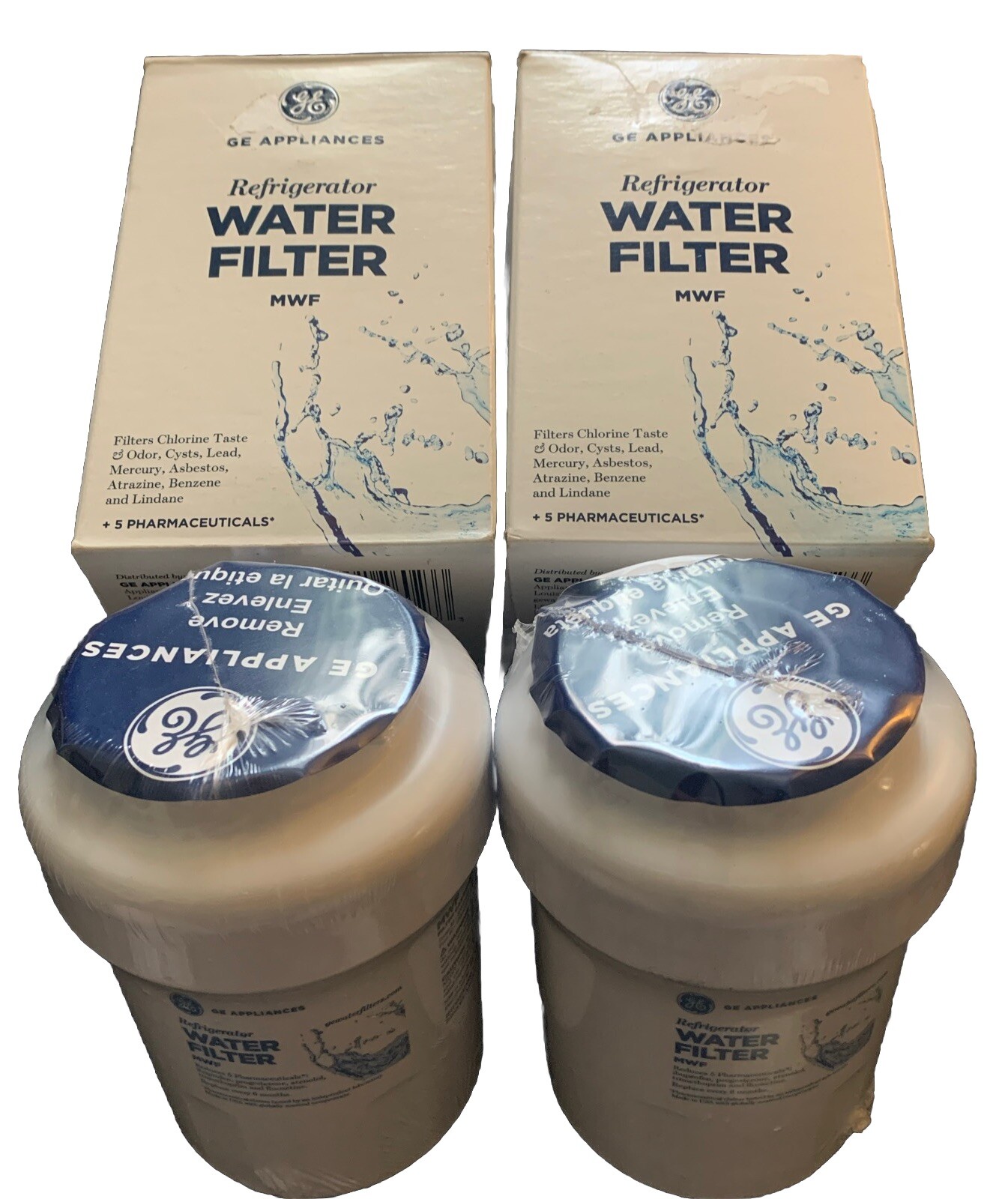 2x GE Appliances MWF- Refrigerator Water Filters- Chlorine Lead Mercury Asbestos