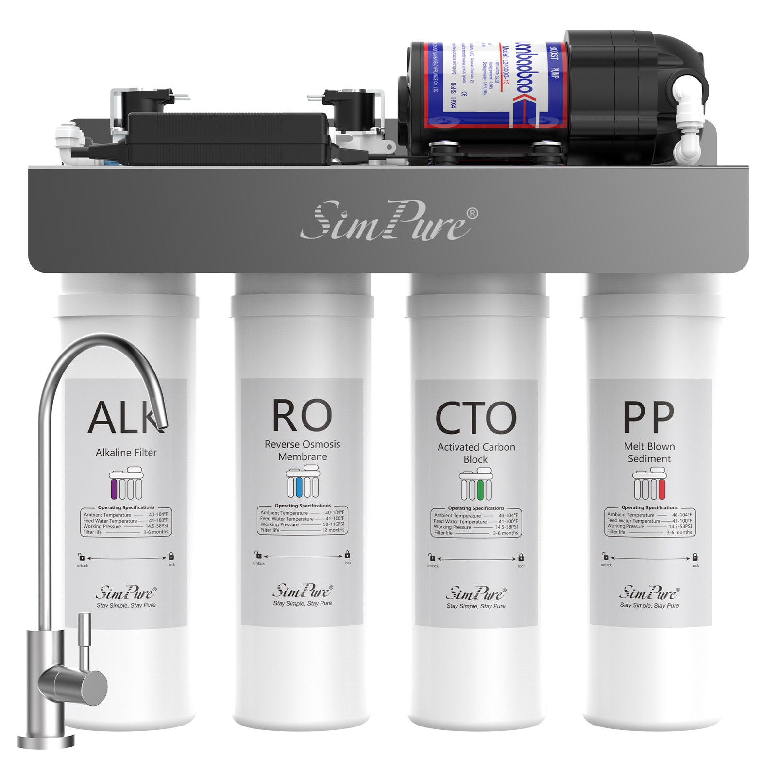 SimPure WP2-400GPD UV Alkaline pH+ RO Reverse Osmosis Drinking Filtration System