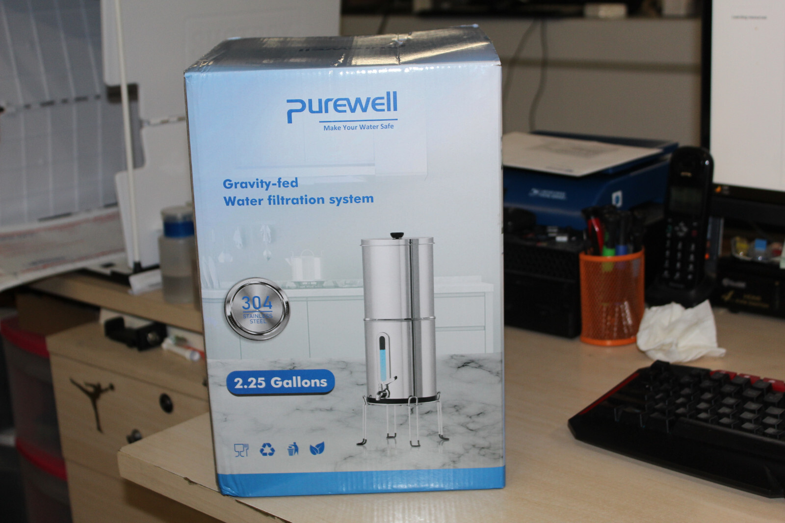 Stainless Steel PUREWELL Gravity-Fed Water Filter System – 2.25 Gallon Dual Filt