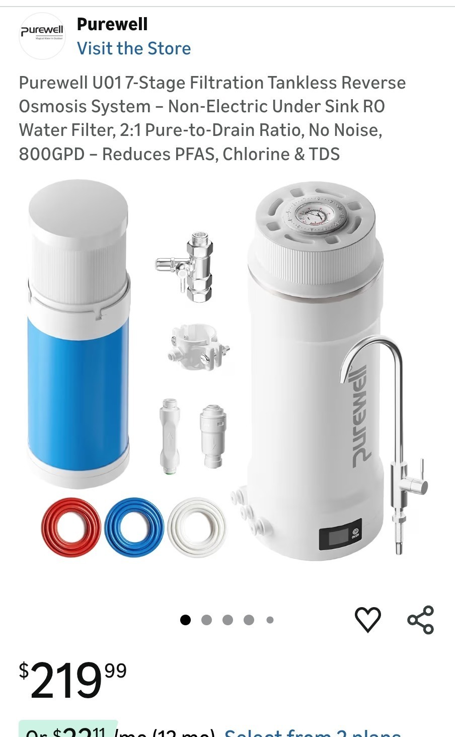 PUREWELL U01 Tankless Filtration RO Reverse Osmosis 800GPD Water Filter NO ELEC.