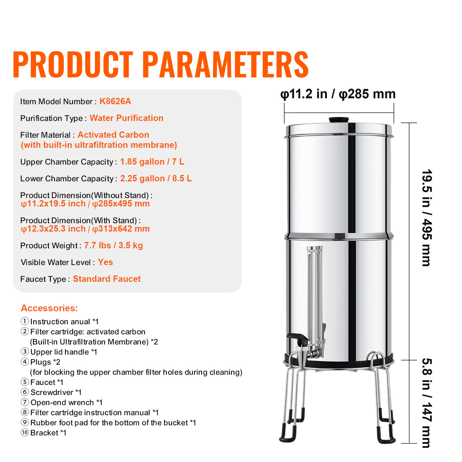 2.25G Gravity-fed Water Filter Countertop System Stainless Steel 2 Filters