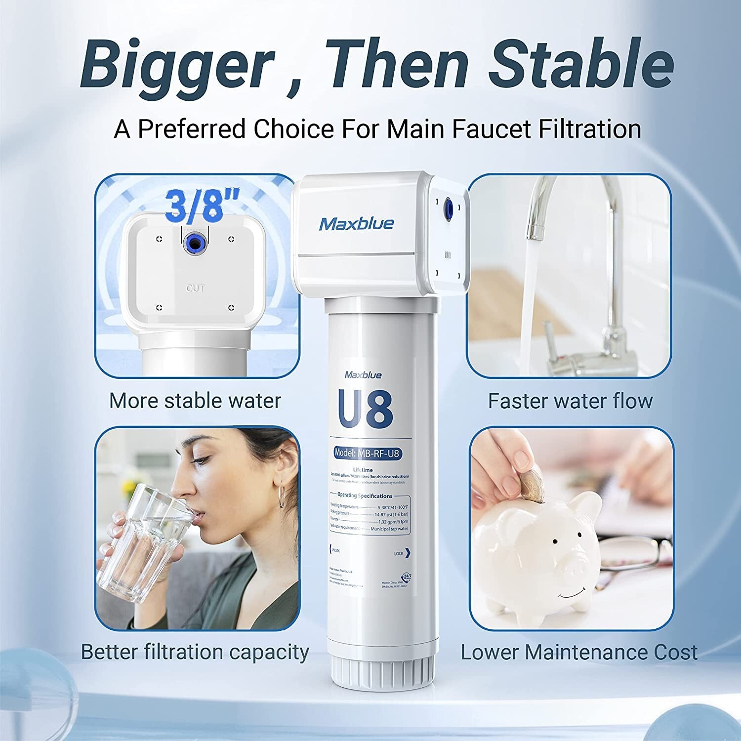 Maxblue U8-ST Under Sink Water Filter System, 2 Years High Capacity,Reduces Lead