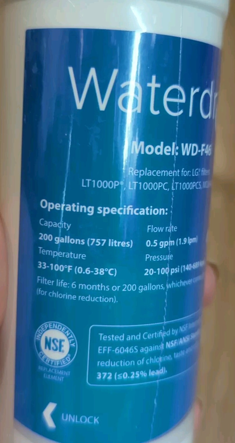 Waterdrop Model WD-F46 Refrigerator Water Filter Replacement New No Box Sealed