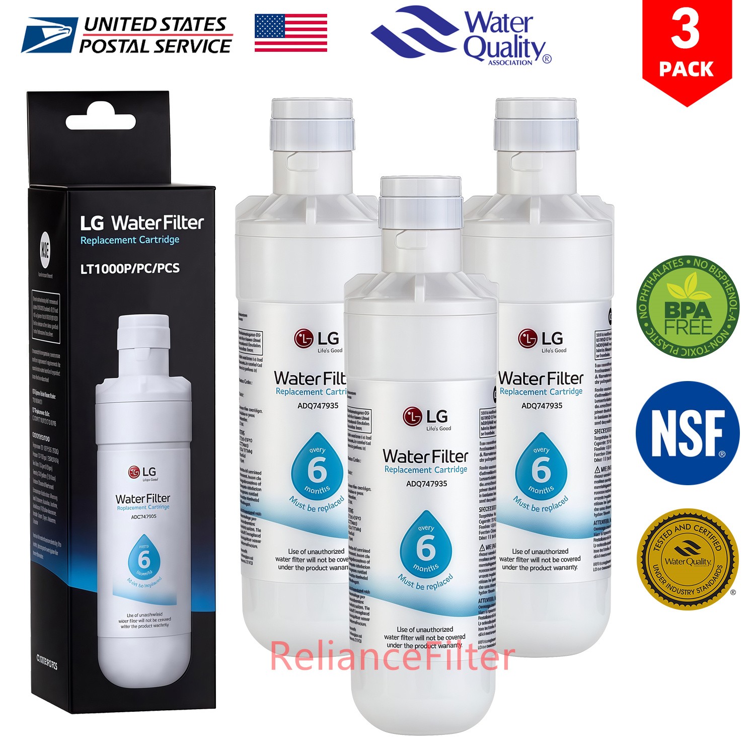 3Pack LG LT1000P/ADQ747935 GF-D706BSL Fridge Refrigerator Fresh Water Filter NEW