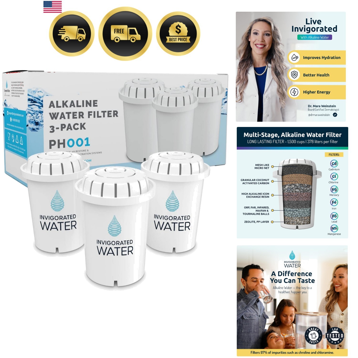 PH001 – White Alkaline Water Filter – Replacement Filters for all Pitcher & D…