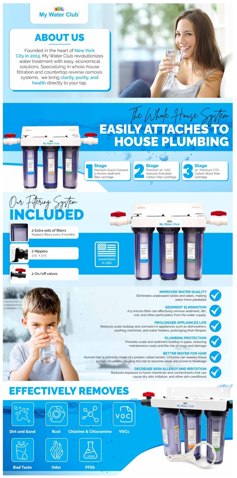 3-Stage Water Filtration System, 3/4″ port with 2 valves and extra 2 sets