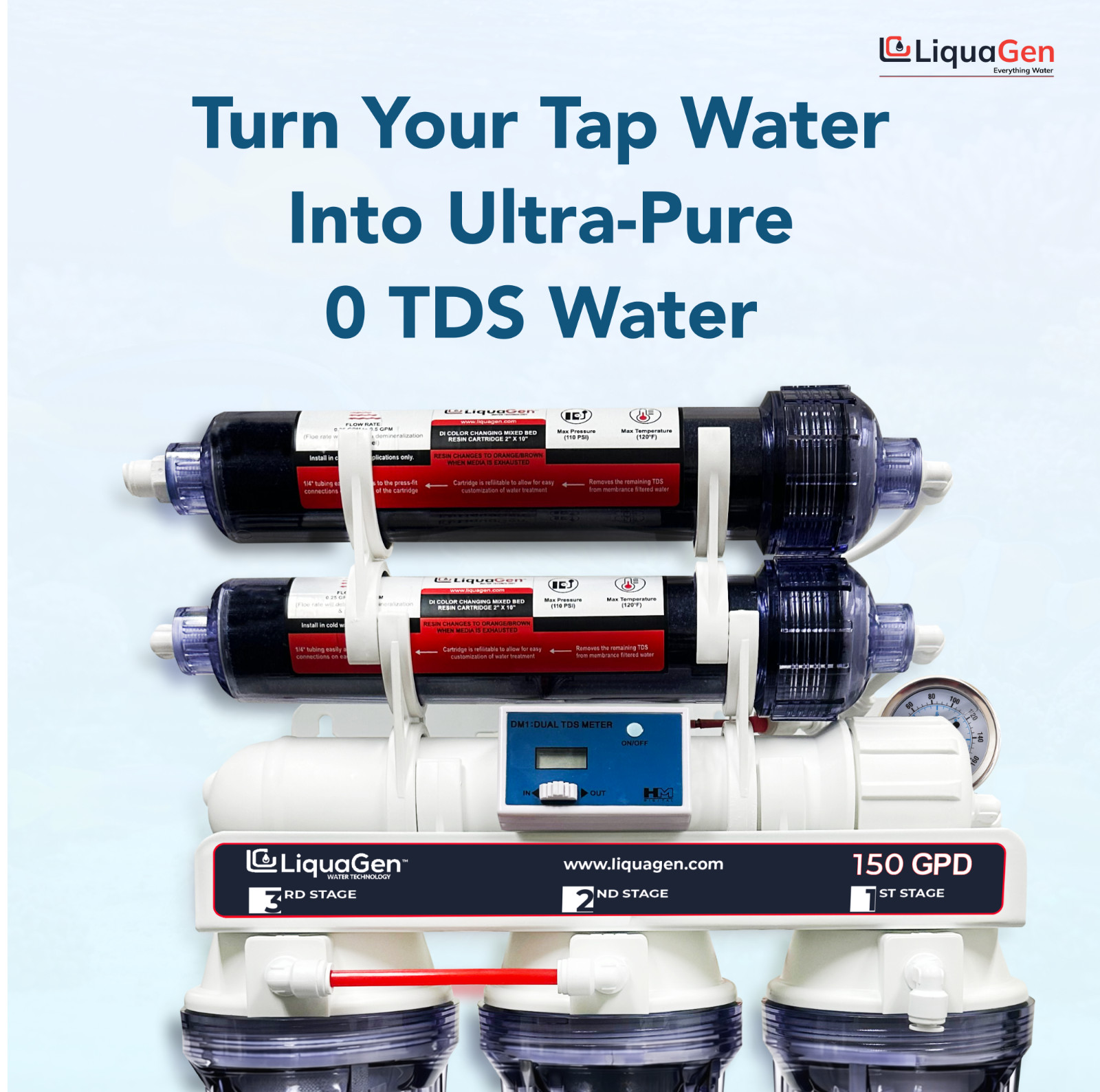 LiquaGen 6 Stage Deluxe 150 GPD RO/DI System with TDS & Gauge