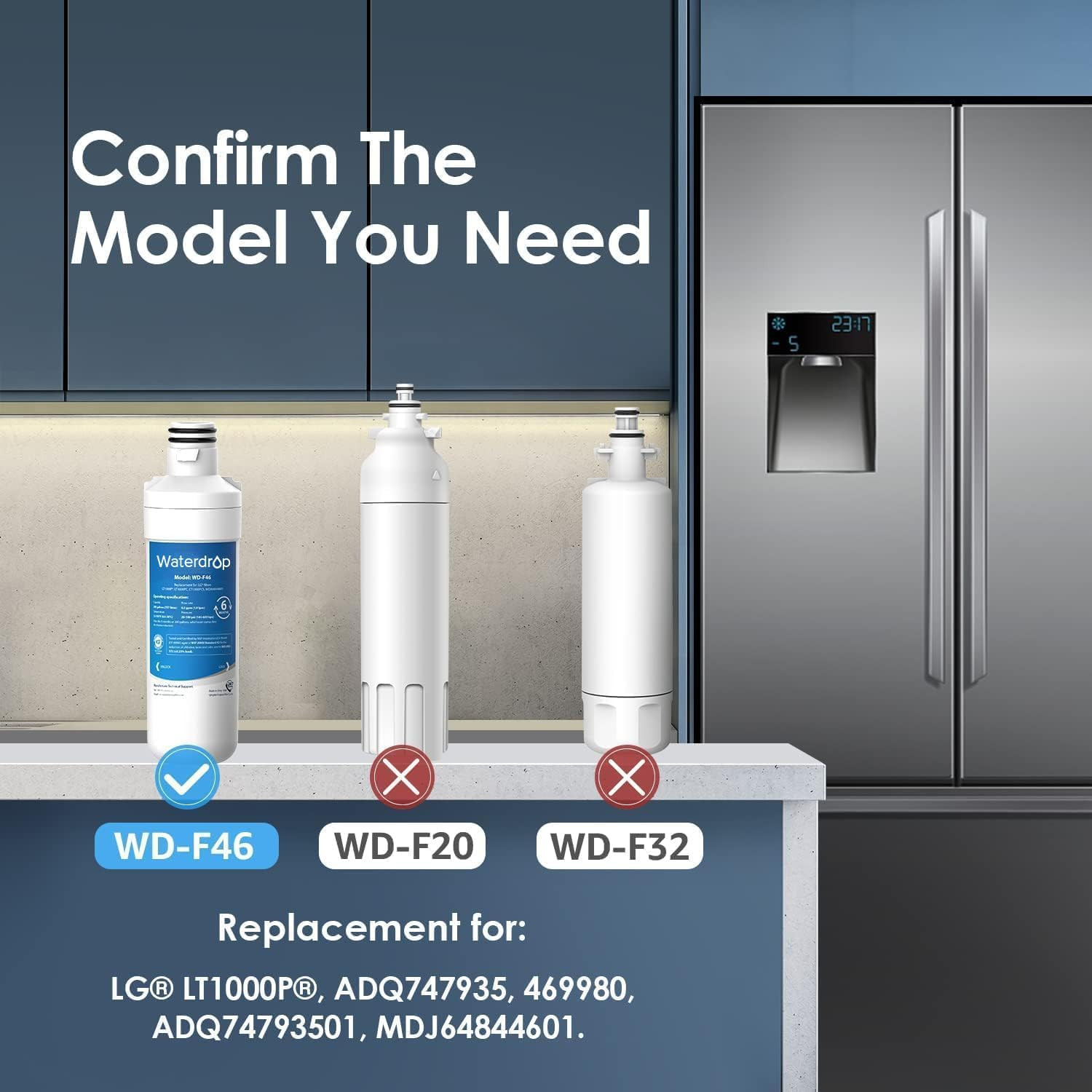 Waterdrop LT1000PC ADQ747935 Refrigerator Water Filter and Air Filter, Replaceme