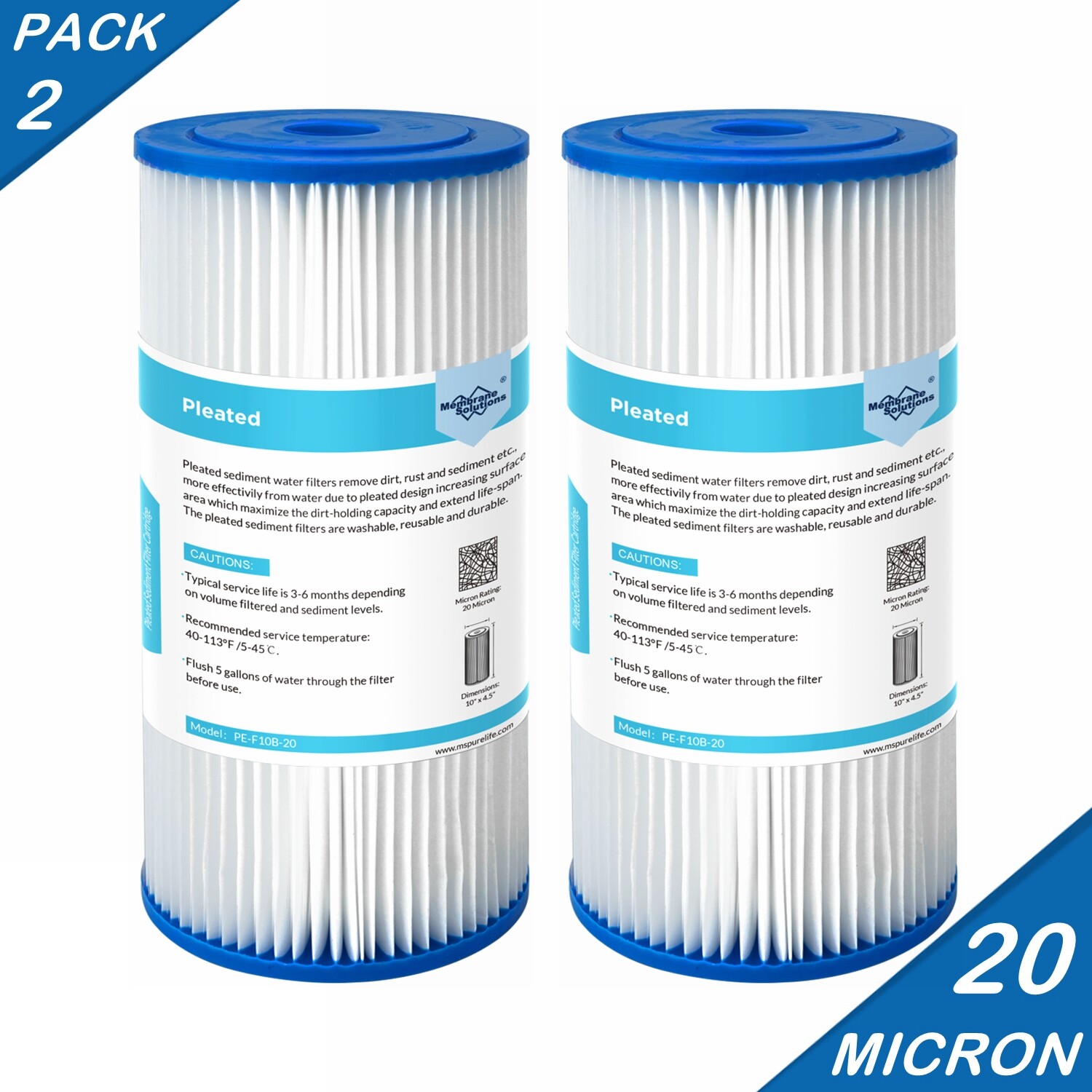 18-Pack 10″ x 4.5″ Washable Pleated Sediment Water Filter for Big Blue 20-Micron