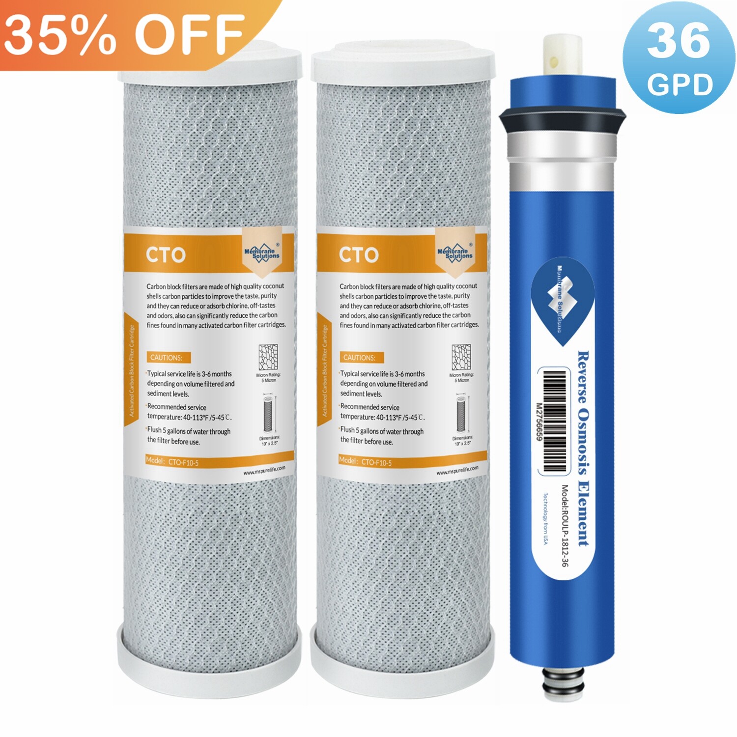 36 GPD RO Membrane Carbon Water Filter Combo Pack Fit for GE FX12P FX12M TFM-24