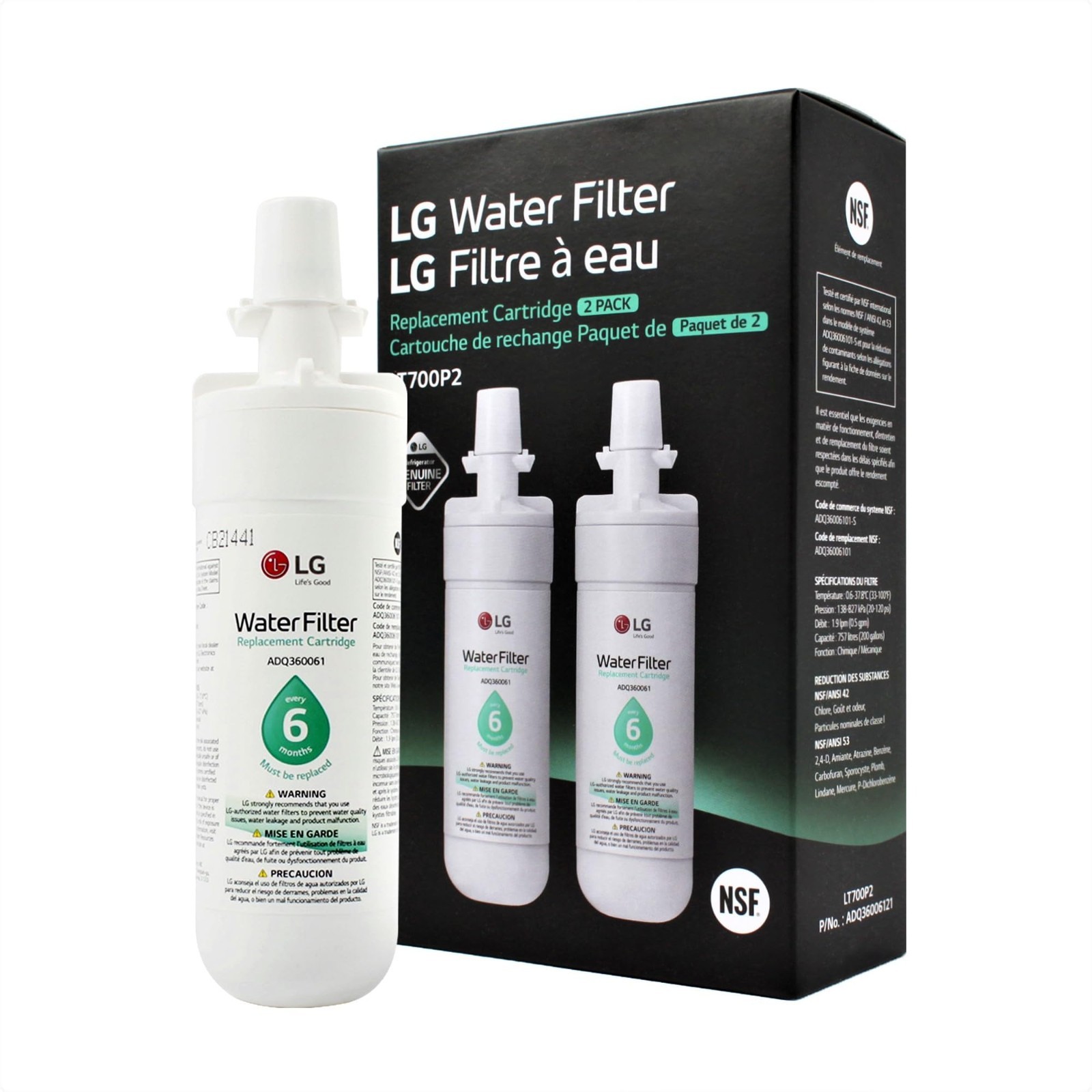 LG LT1000P2 6-Month / 200 Gallon Refrigerator Replacement Water Filter 2 PACK