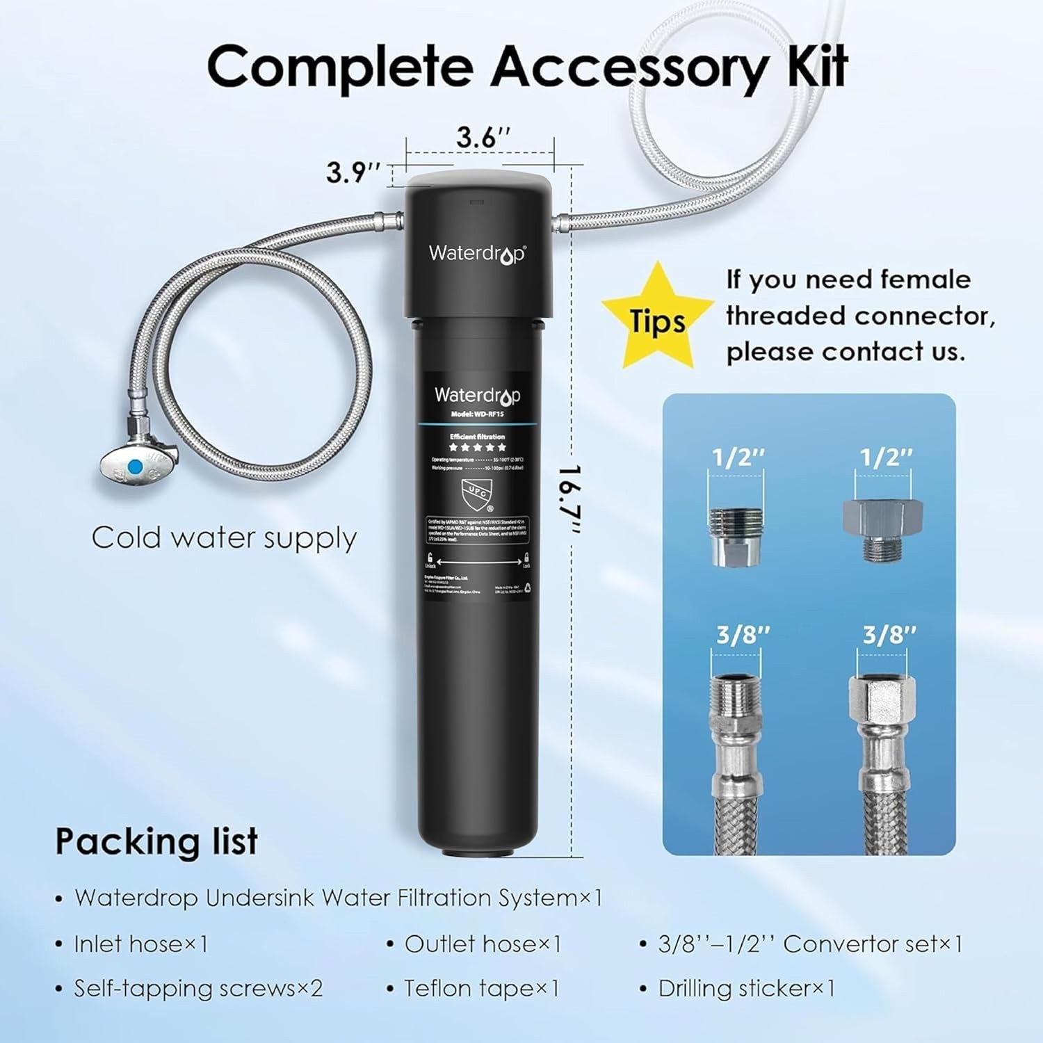 Waterdrop 15UA Under Sink Water Filter System Reduces Lead Chlorine 16K Gallons