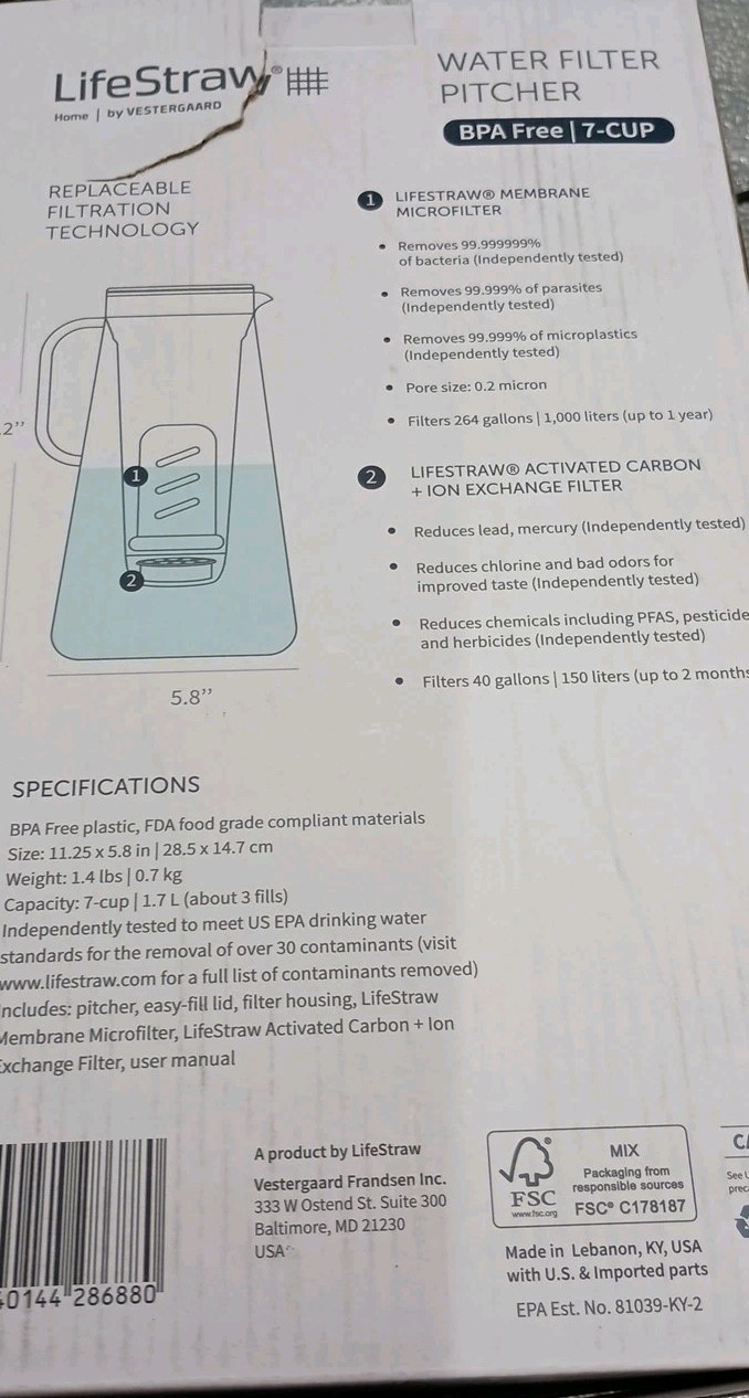 LifeStraw Water Filter Pitcher 10 Cup Filters Bacteria and Parasites