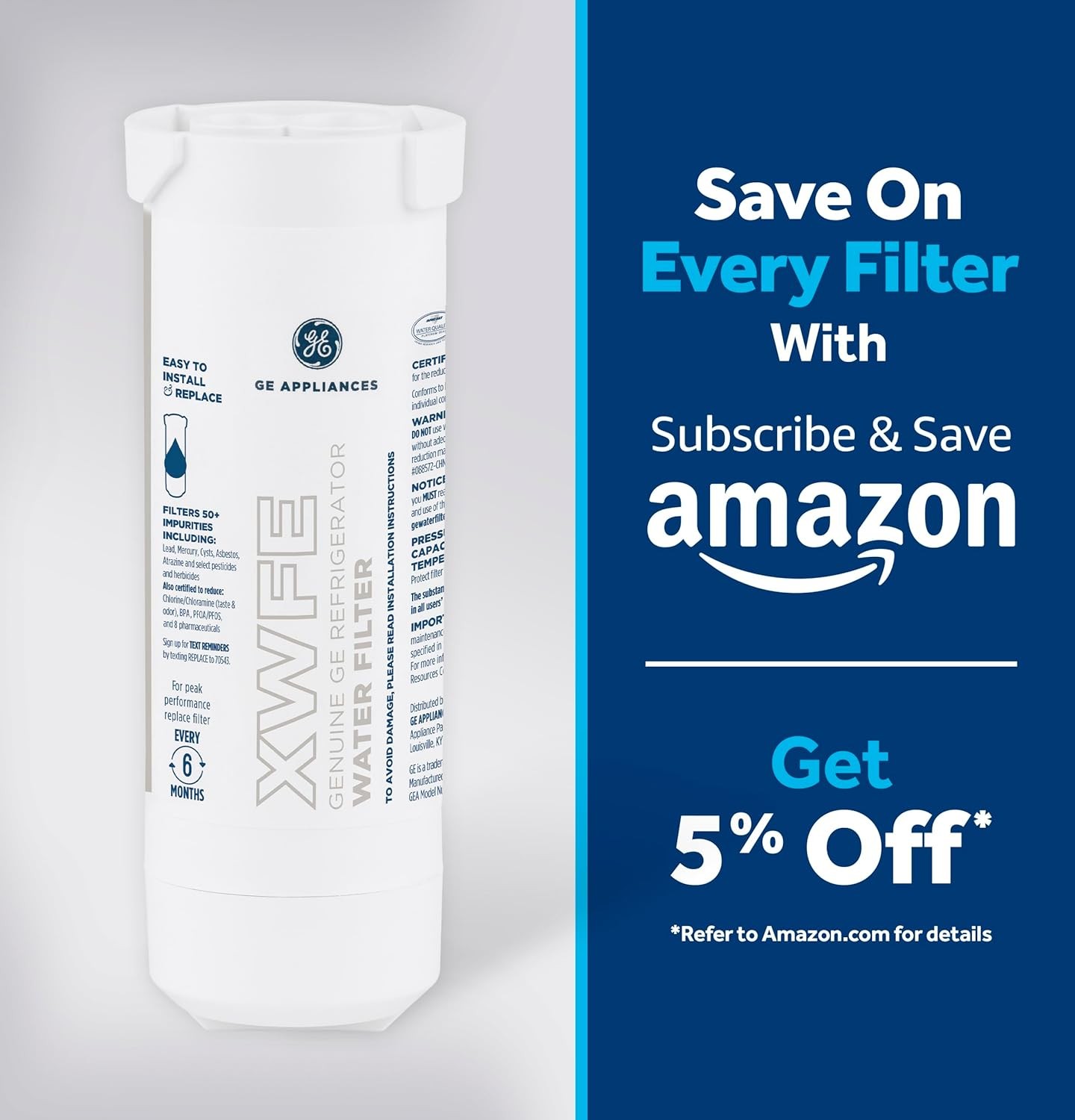 GE XWFE Refrigerator Water Filter, Genuine Replacement Filter, Certified to Redu