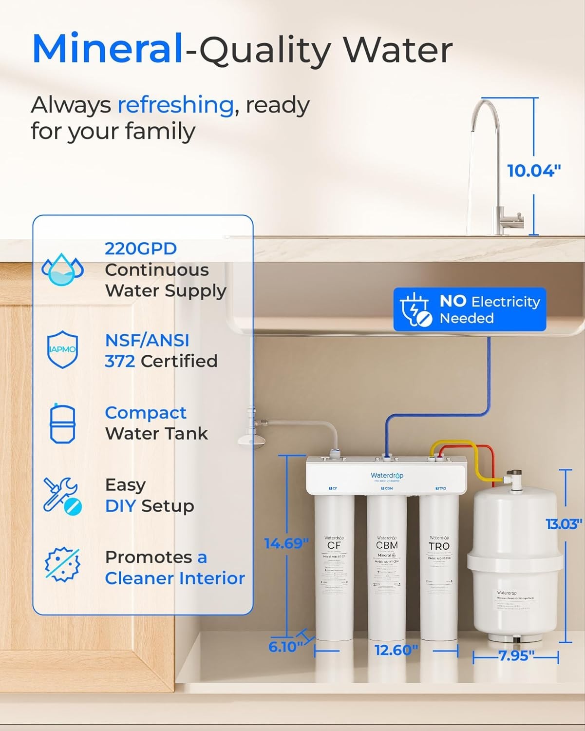 Waterdrop T3-T 220 GPD, Remineralization 7-Stage Reverse Osmosis System No Power