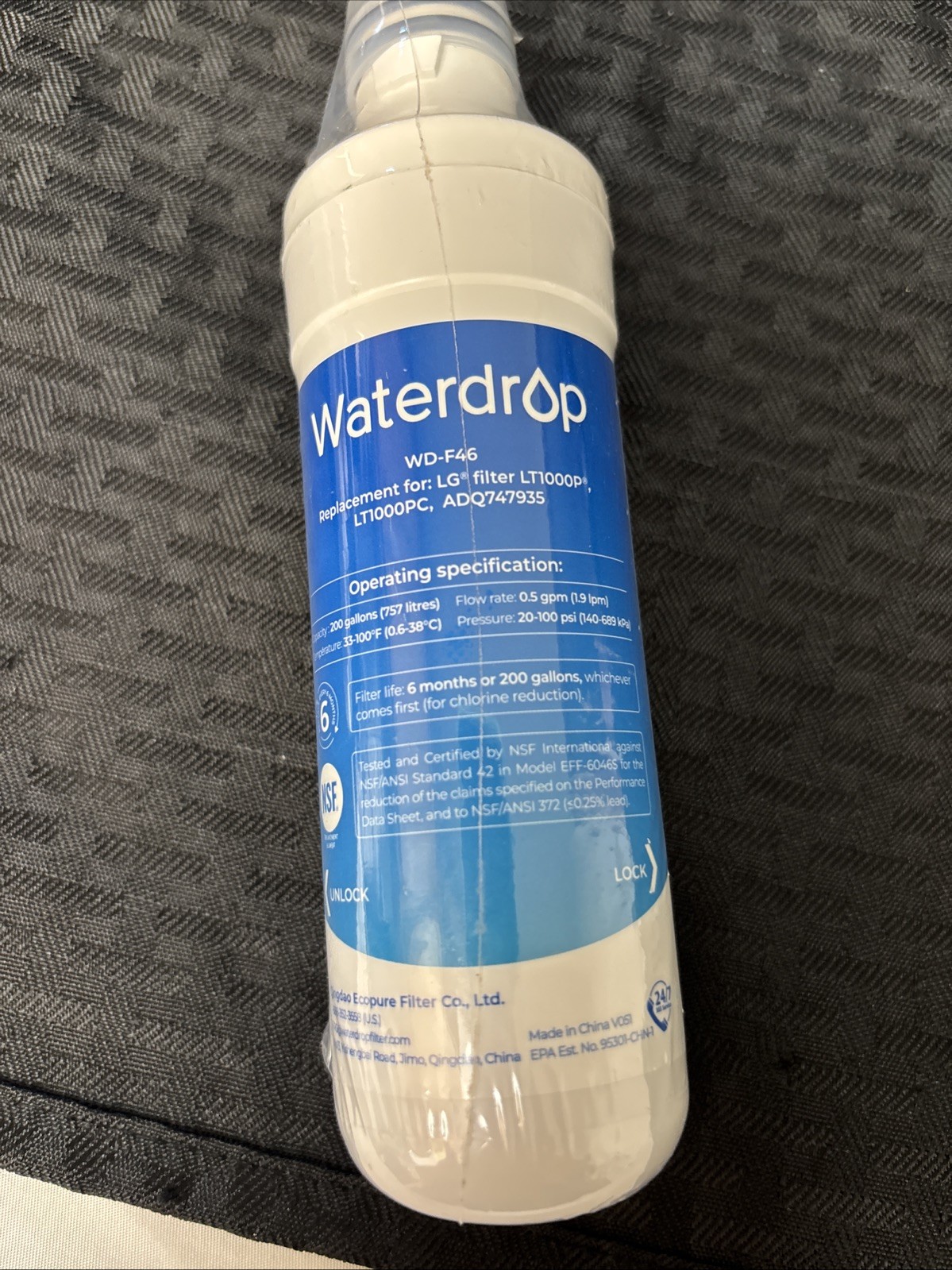Waterdrop Model WD-F46 Refrigerator Water Filter Replacement New No Box Sealed