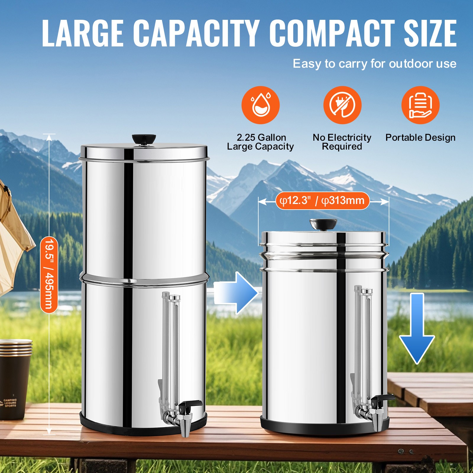 Uimoso2.25G Gravity-fed Water Filter Countertop System Stainless Steel 2 Filters