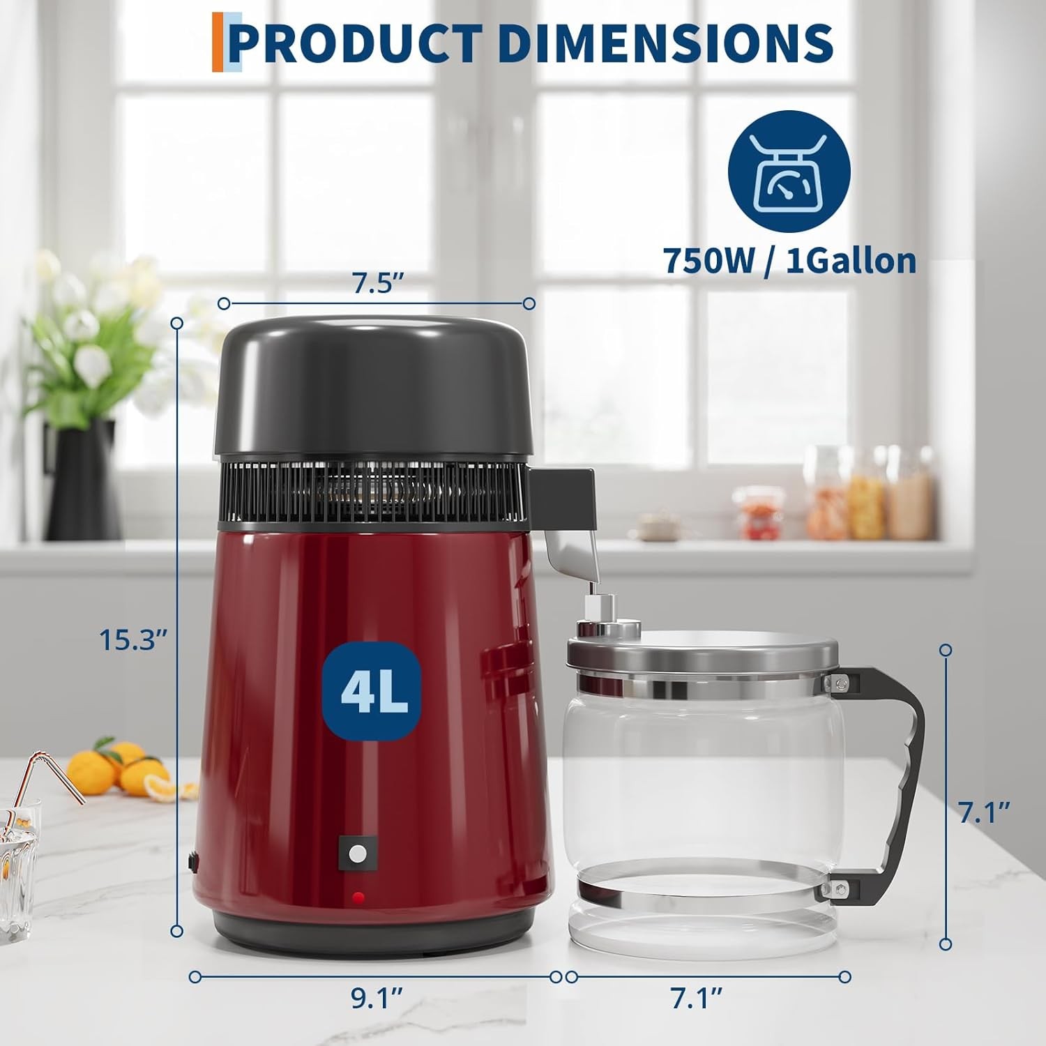 4L Stainless Steel Water Distiller 750W with Glass Jug, Gold/Red/Silver