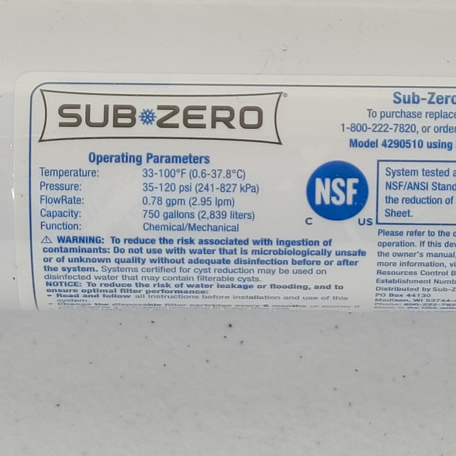 Genuine Sub-Zero Refrigerator Water Filter 4204490