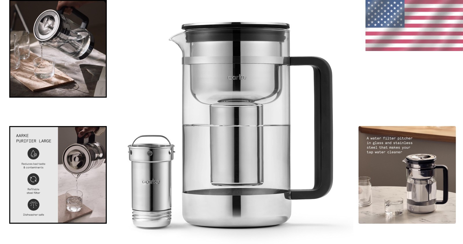 Water Pitcher Filter Purifier Glass Stainless Steel BPA-Free 7 Cups