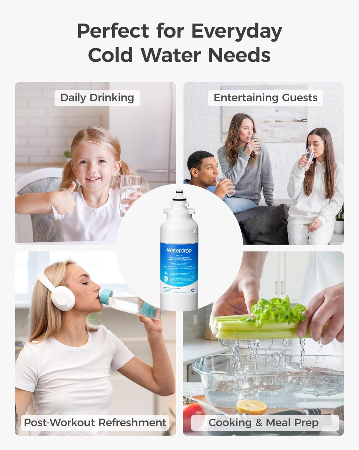 Waterdrop Refrigerator Water Filter, Replacement for LG® LT800P®, Pack of 6