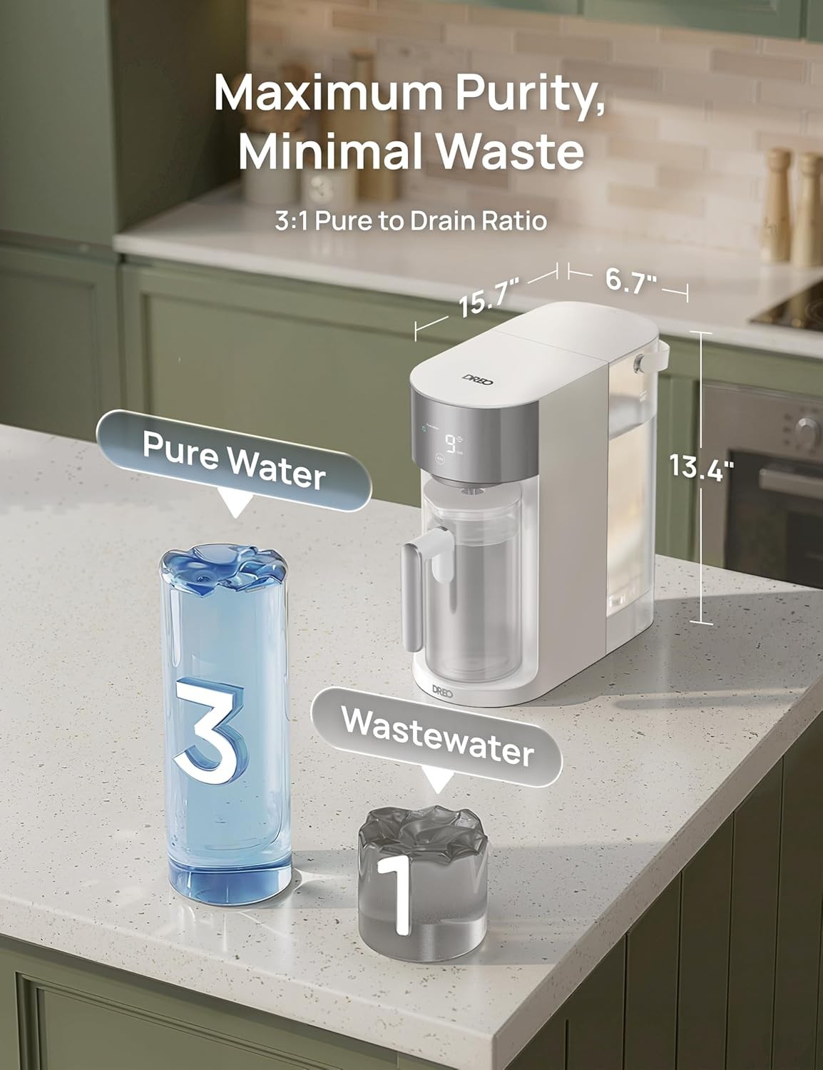 DREO Reverse Osmosis Water Filter Countertop, RO Filtration System, 3:1 Pure to