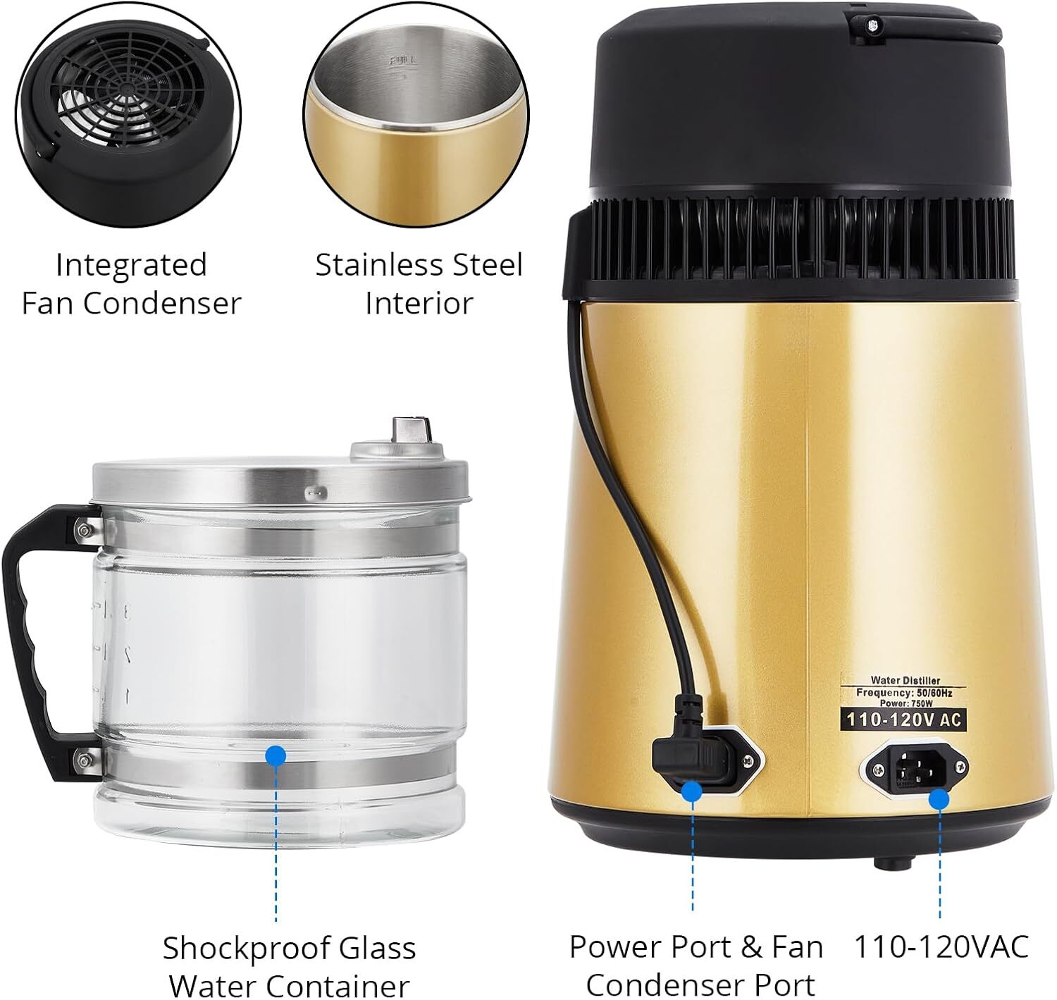 4L Stainless Steel Water Distiller 750W with Glass Jug, Gold/Red/Silver