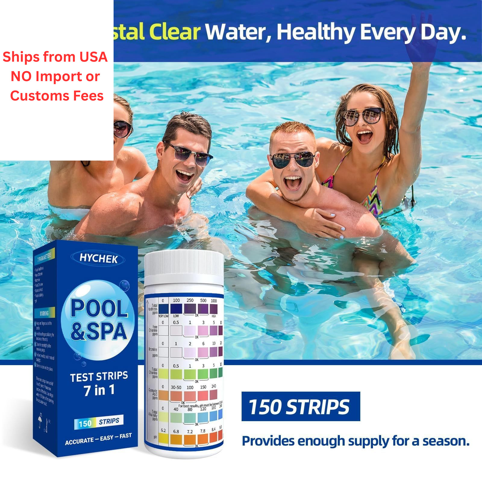 HYCHEK 7 in 1 Accurate Pool Test Strips, 150-Count Hot Tub & Spa 150
