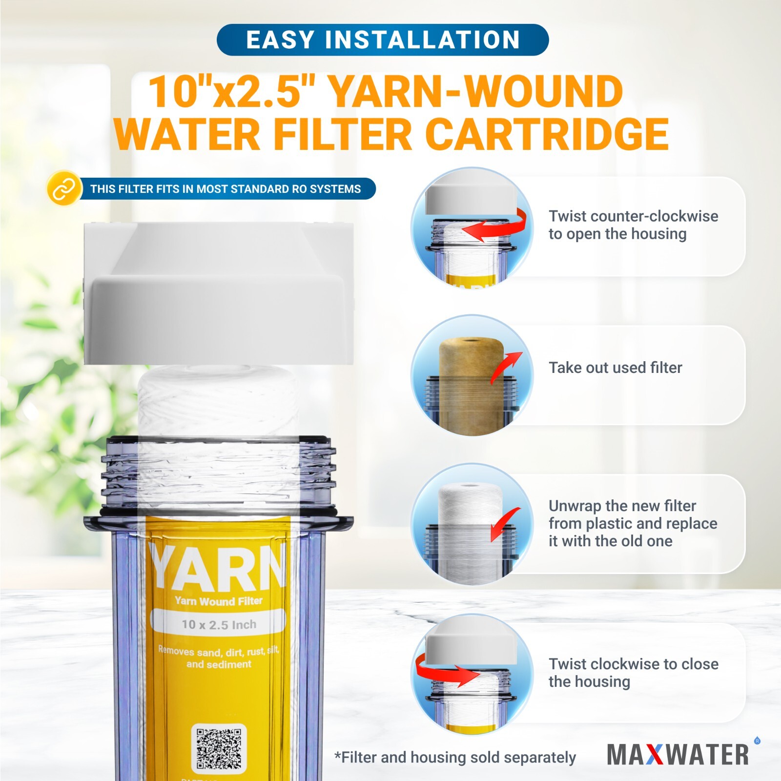 String Wound Sediment Water Filter Cartridge Standard 2.5×10″ 1 Micron 25 Pack